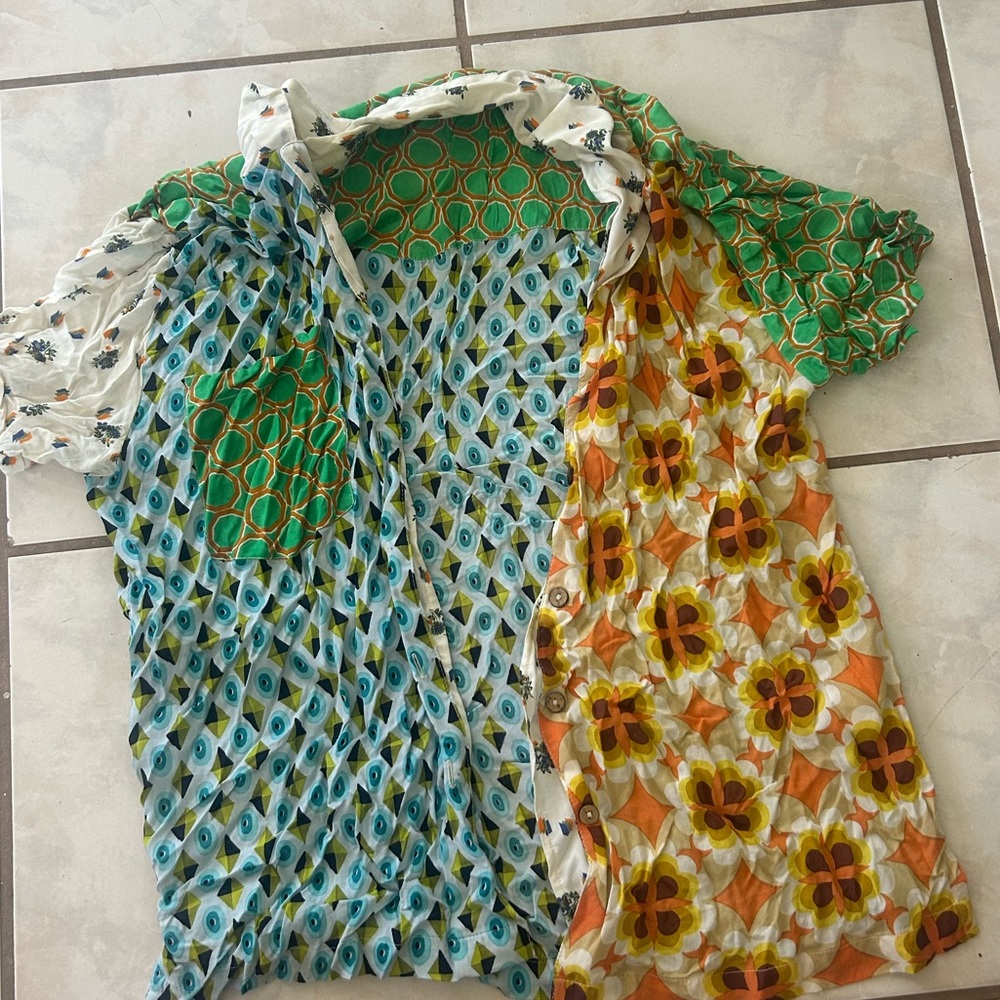 Urban Outfitters Mixed-Print Button-Down Shirt — Green, Blue, Orange, White